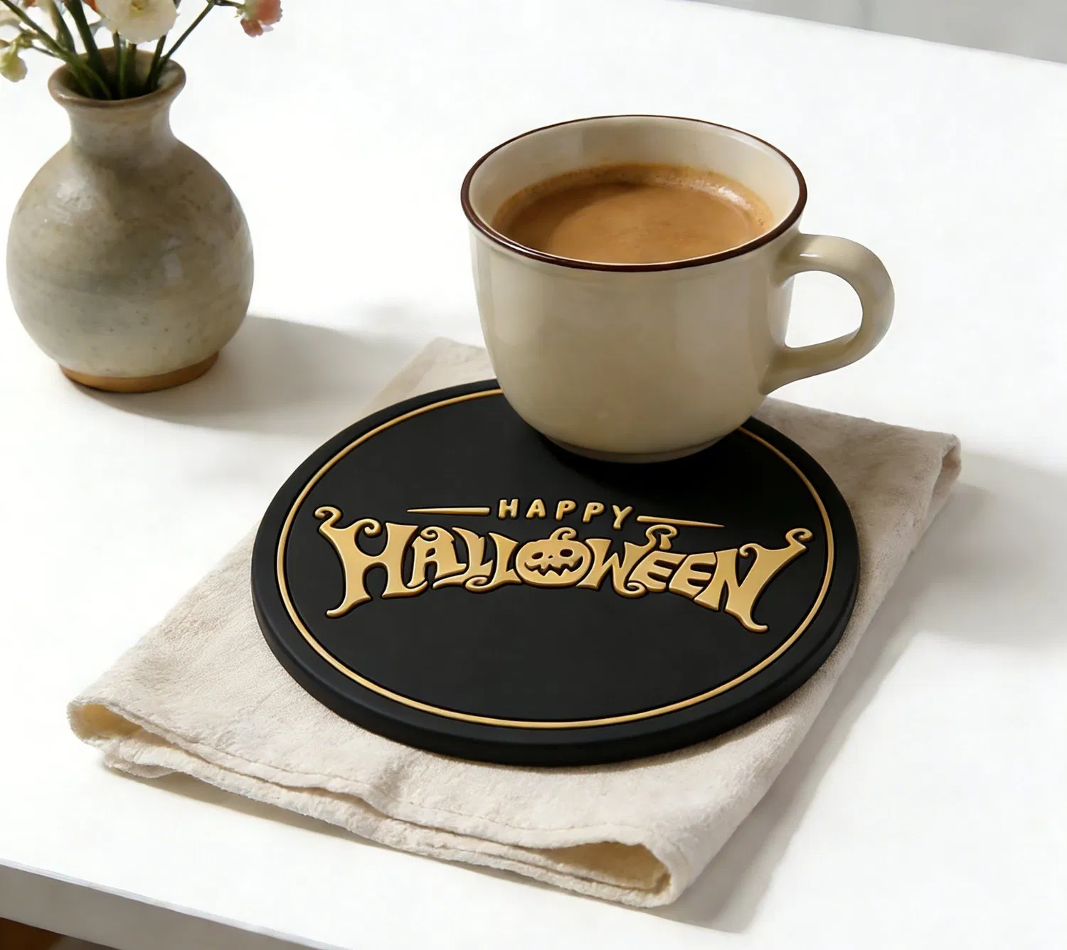 Soft PVC Atmospheric Non-Slip Halloween Drink Coaster Gold Black Factory Premium Service